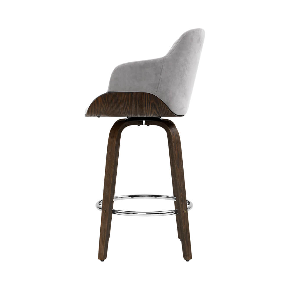Jansen | Modern Grey Velvet Swivel Wooden Bar Stools With Arms | Set of 2 | Grey