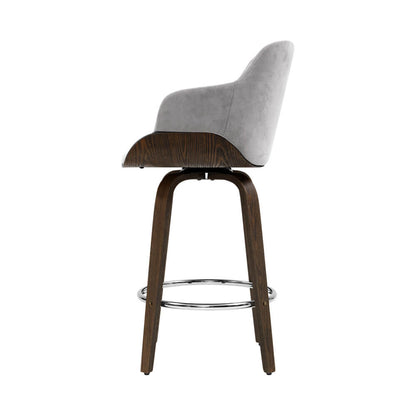 Jansen | Modern Grey Velvet Swivel Wooden Bar Stools With Arms | Set of 2 | Grey