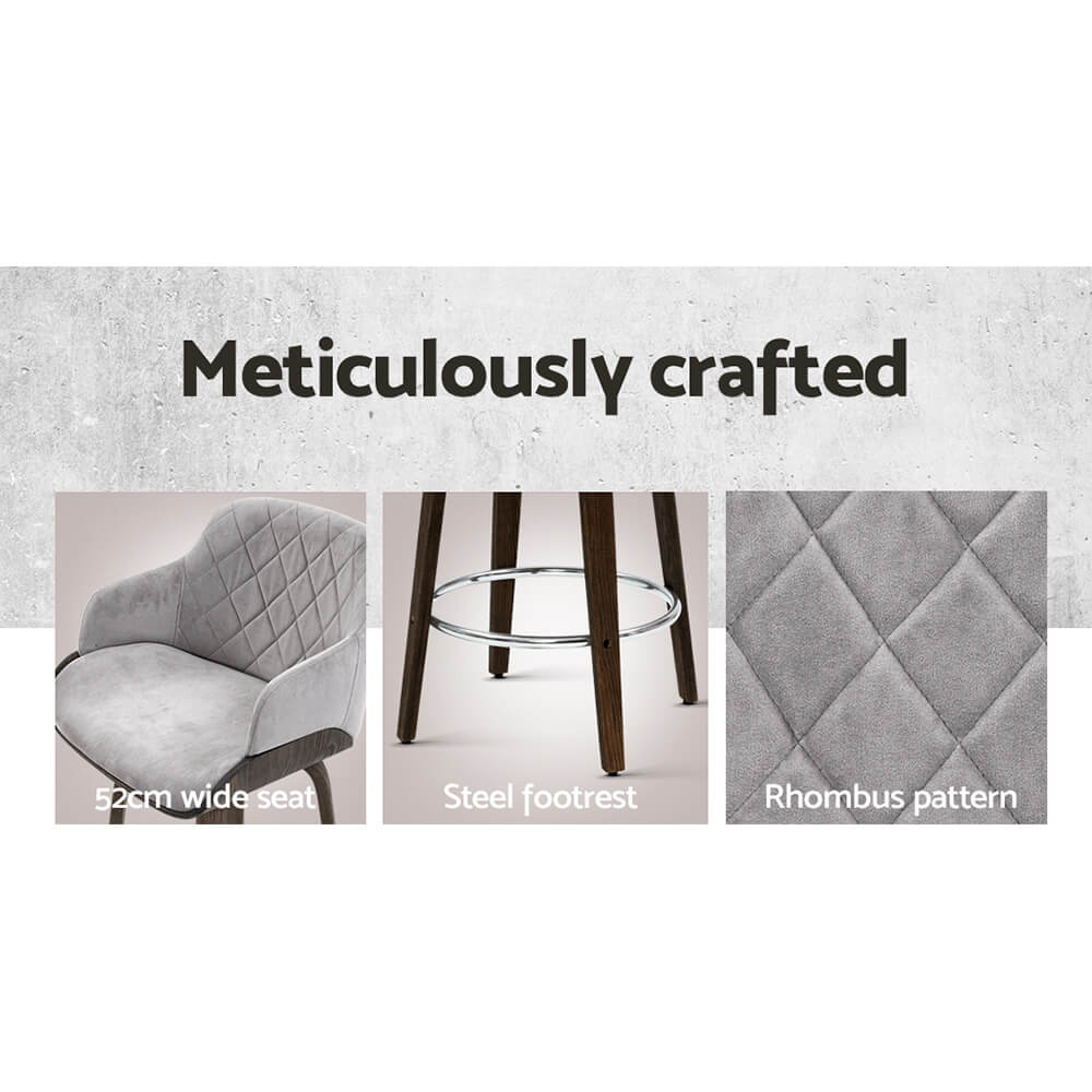 Jansen | Modern Grey Velvet Swivel Wooden Bar Stools With Arms | Set of 2 | Grey