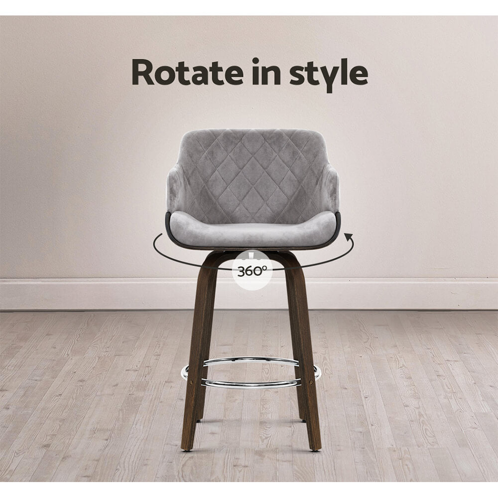 Jansen | Modern Grey Velvet Swivel Wooden Bar Stools With Arms | Set of 2 | Grey