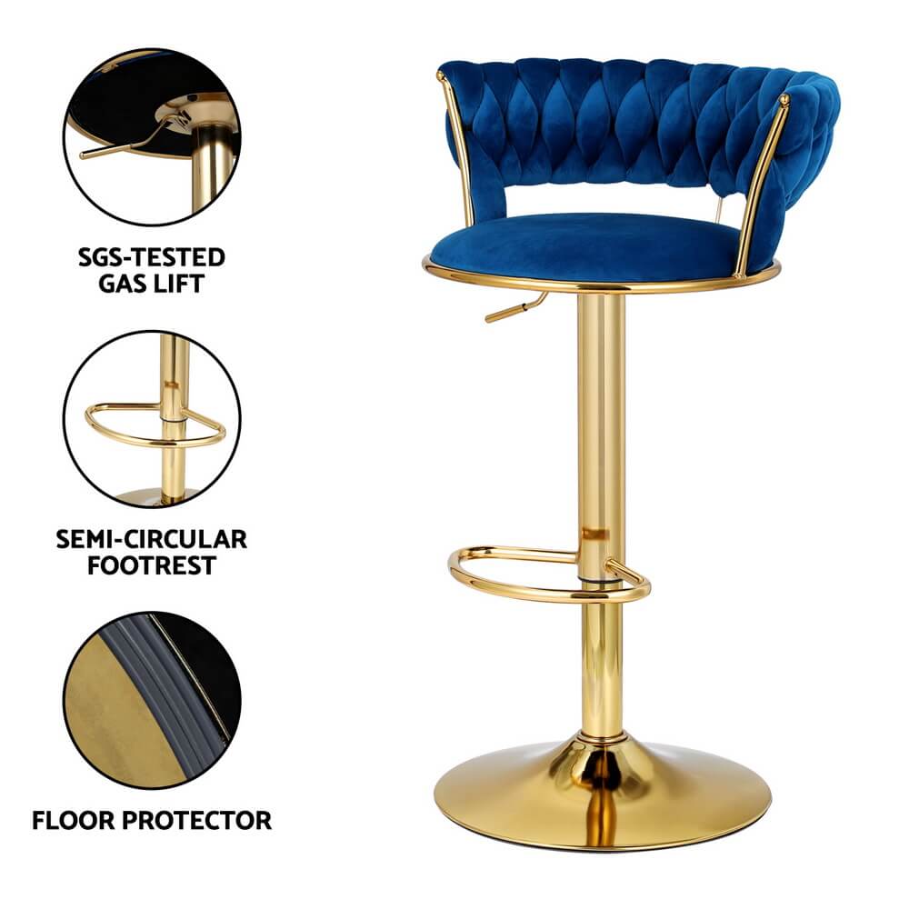 Modern Metal Blue Velvet Bar Stools