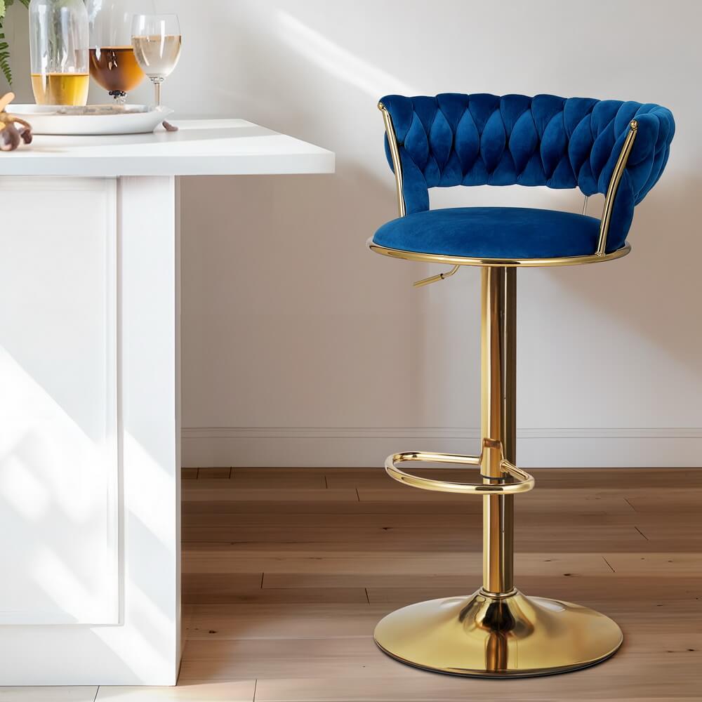 Modern Metal Blue Velvet Bar Stools