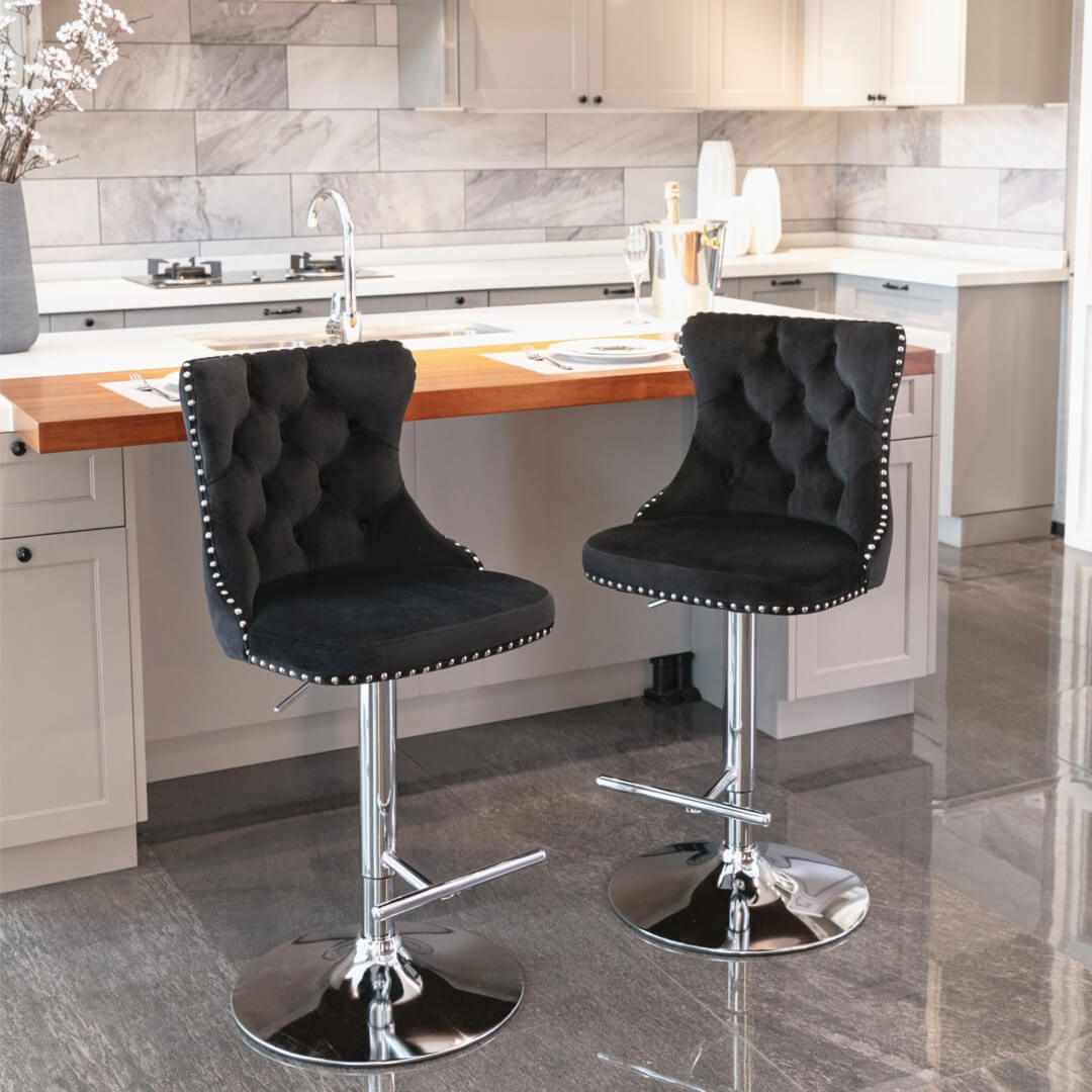 La Creas | Version 2 | French Provincial Velvet Chrome Metal Bar Stools | Set Of 2 | Black