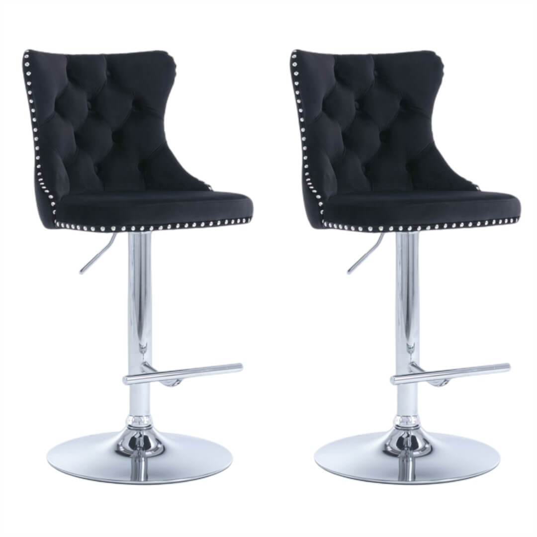 La Creas | Version 2 | French Provincial Velvet Chrome Metal Bar Stools | Set Of 2 | Black