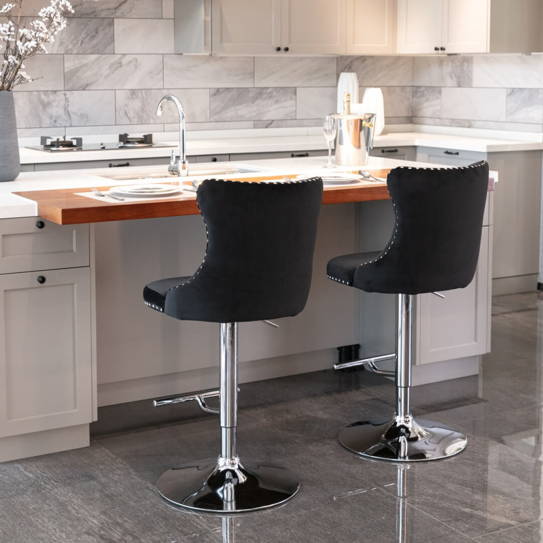 La Creas | Version 2 | French Provincial Velvet Chrome Metal Bar Stools | Set Of 2 | Black