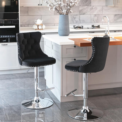 La Creas | Version 2 | French Provincial Velvet Chrome Metal Bar Stools | Set Of 2 | Black