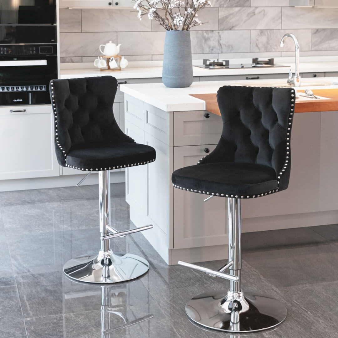 La Creas | Version 2 | French Provincial Velvet Chrome Metal Bar Stools | Set Of 2 | Black