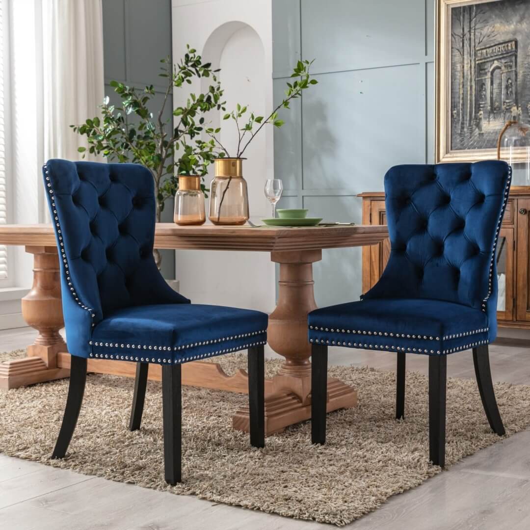 La Creas | Version 1 | French Provincial Velvet Wing Back Dining Chairs | Set Of 2 | Blue