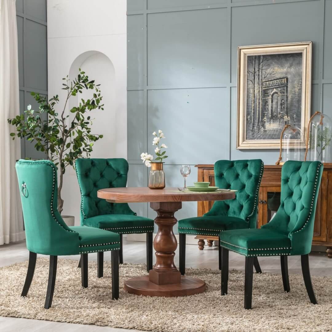 La Creas | Version 1 | French Provincial Velvet Wing Back Dining Chairs | Set Of 2 | Green