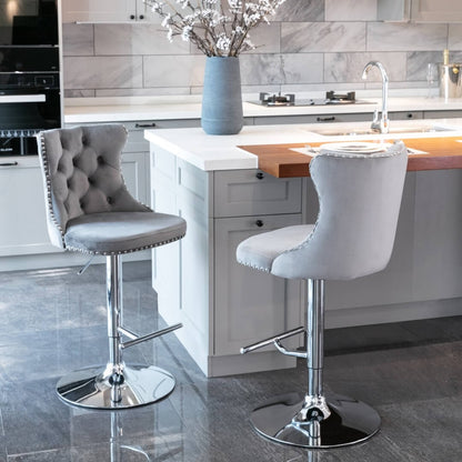 La Creas | Version 2 | French Provincial Velvet Chrome Metal Bar Stools | Set Of 2 | Grey