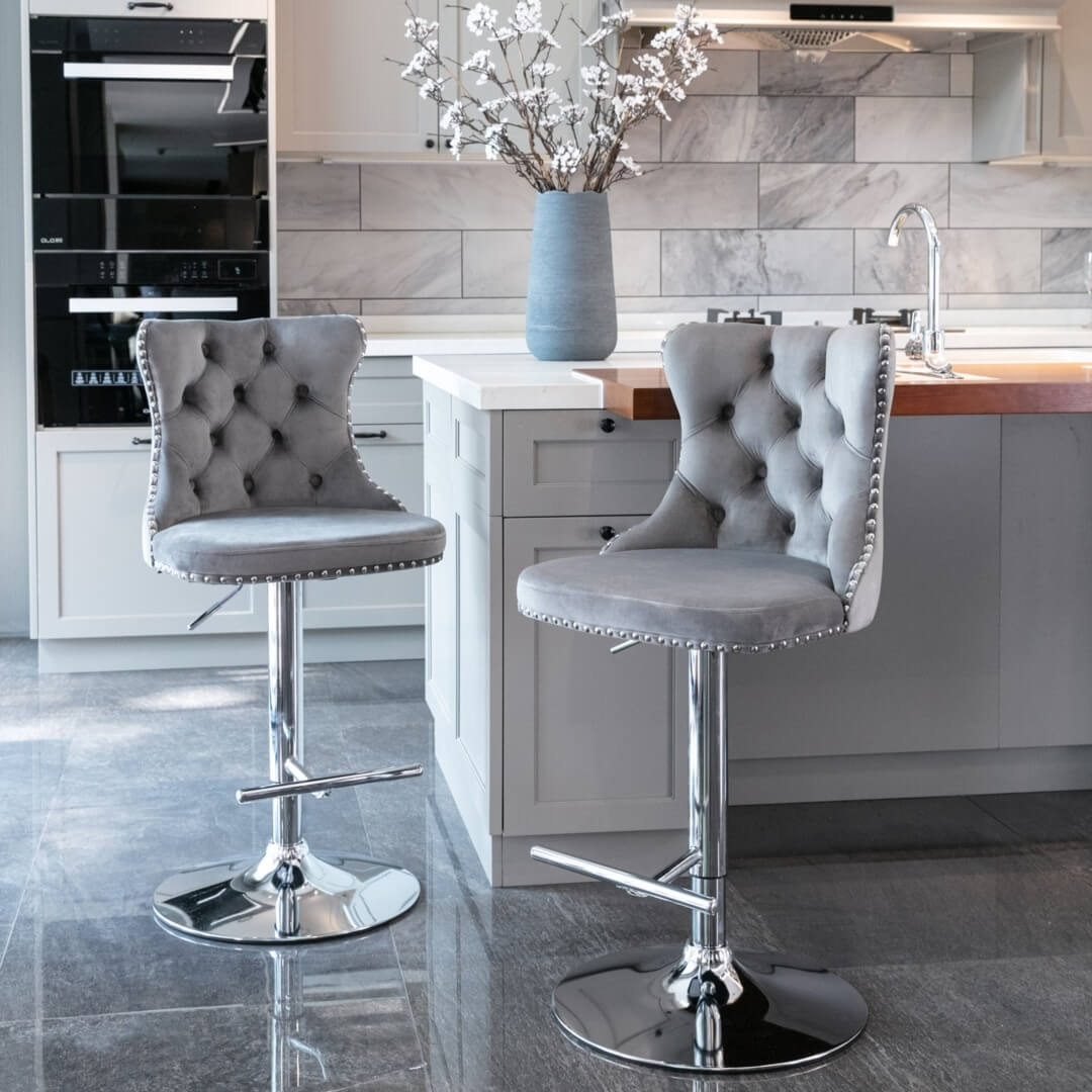 La Creas | Version 2 | French Provincial Velvet Chrome Metal Bar Stools | Set Of 2 | Grey