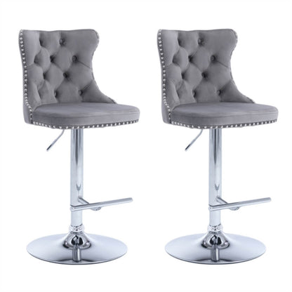 La Creas | Version 2 | French Provincial Velvet Chrome Metal Bar Stools | Set Of 2 | Grey