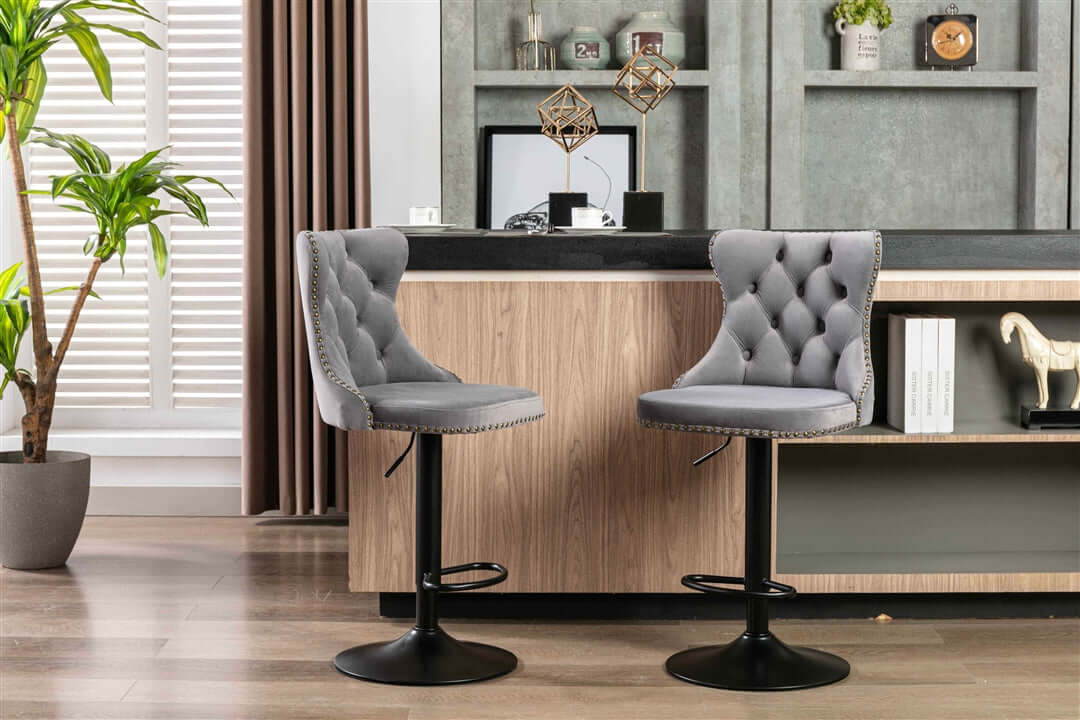 La Creas | Version 1 | French Provincial Velvet Metal Bar Stools | Set Of 2 | Grey