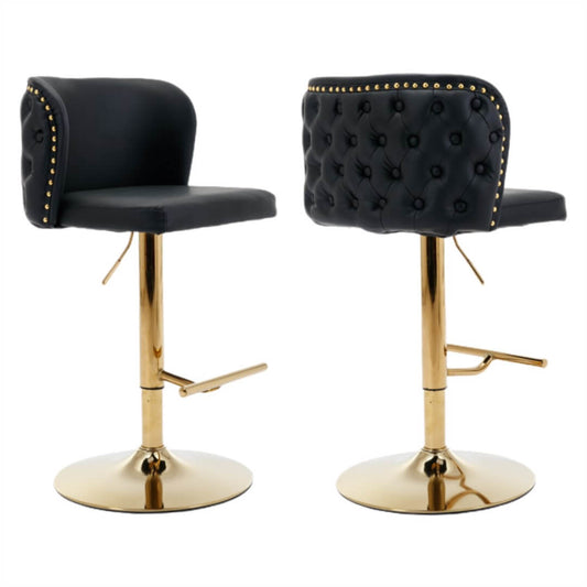 La Rochelle | Version 1 | French Provincial PU Leather Gold Metal Bar Stools | Set Of 2 | Black