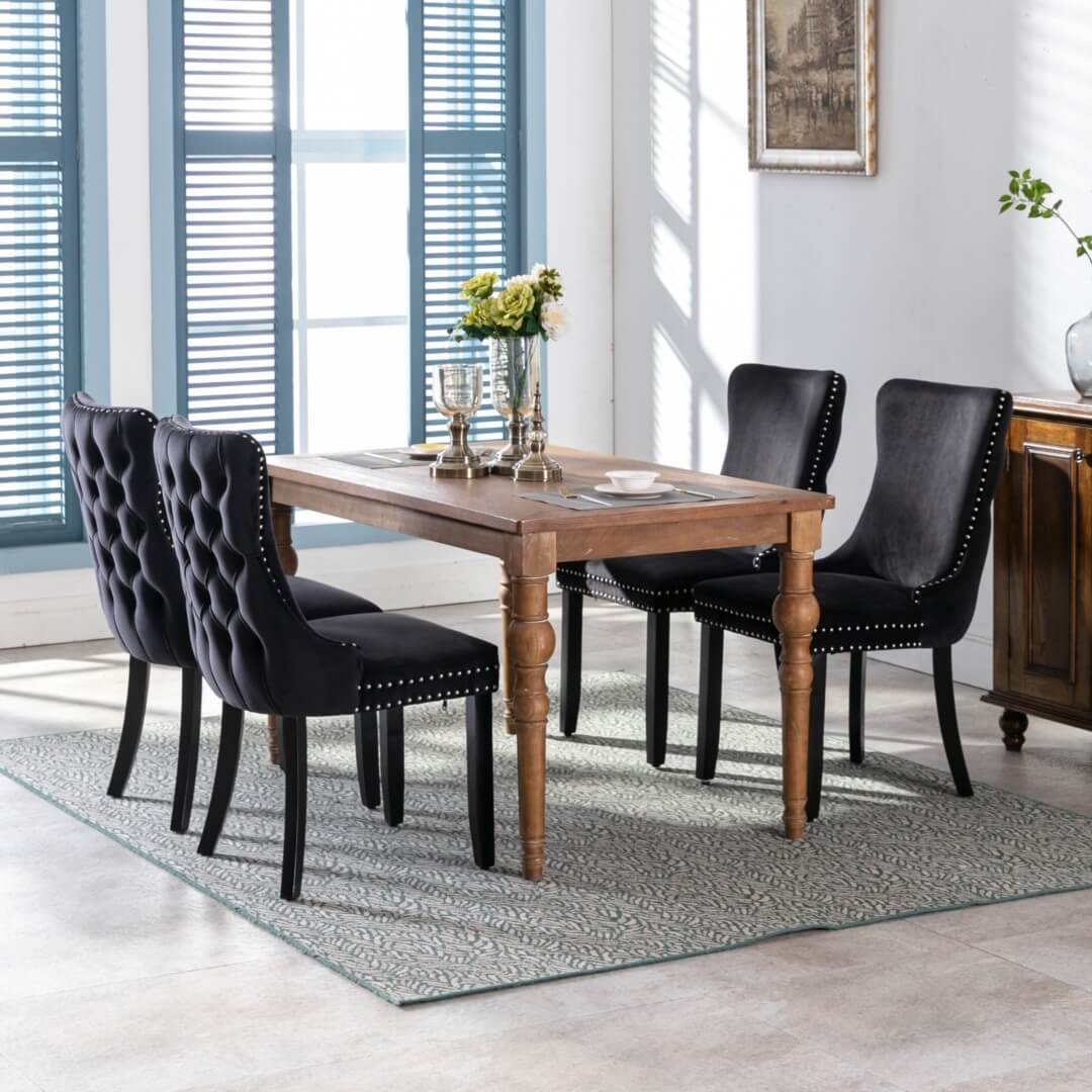 La Rochelle | Version 1 | French Provincial Black Velvet Wing Back Dining Chairs | Set Of 2 | Black