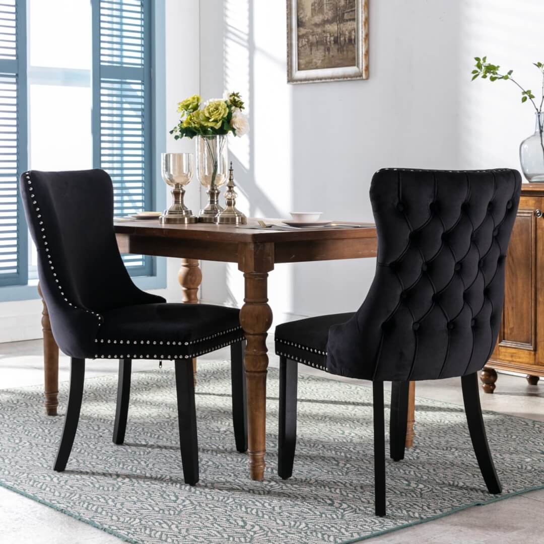 La Rochelle | Version 1 | French Provincial Black Velvet Wing Back Dining Chairs | Set Of 2 | Black