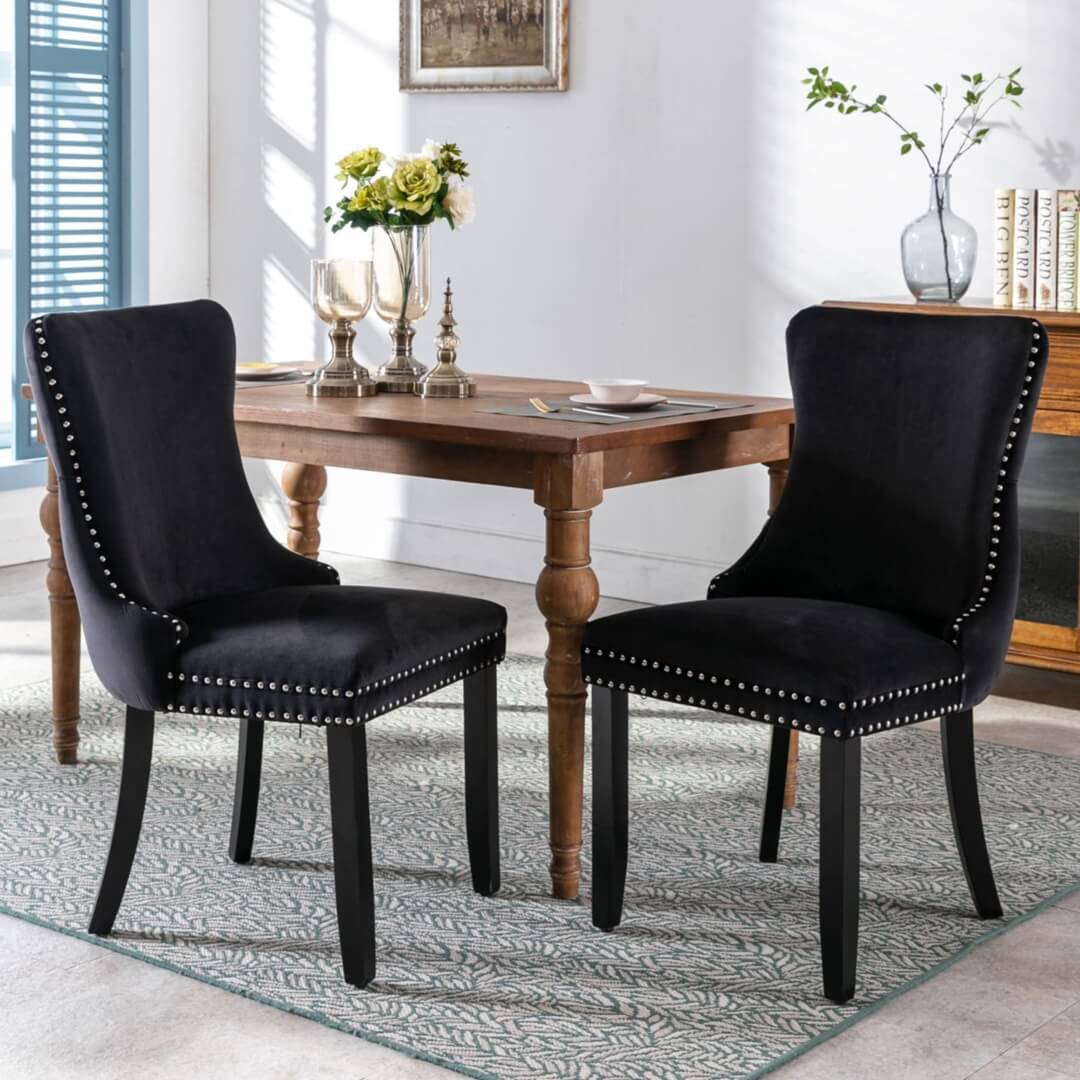 La Rochelle | Version 1 | French Provincial Black Velvet Wing Back Dining Chairs | Set Of 2 | Black