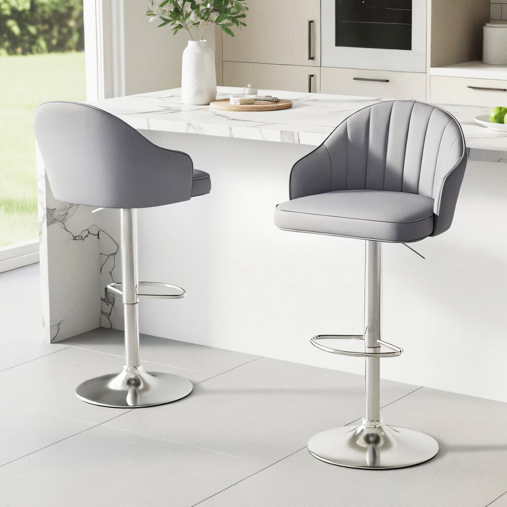 Lambert | Modern Metal Adjustable Brown Grey PU Leather Bar Stools | Set Of 2 | Grey