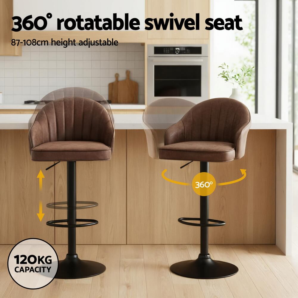 Lambert | Modern Metal Adjustable Brown Grey PU Leather Bar Stools | Set Of 2 | Brown