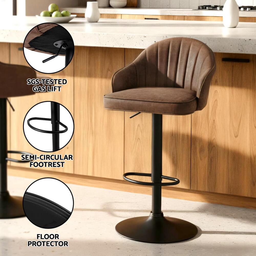 Lambert | Modern Metal Adjustable Brown Grey PU Leather Bar Stools | Set Of 2 | Brown