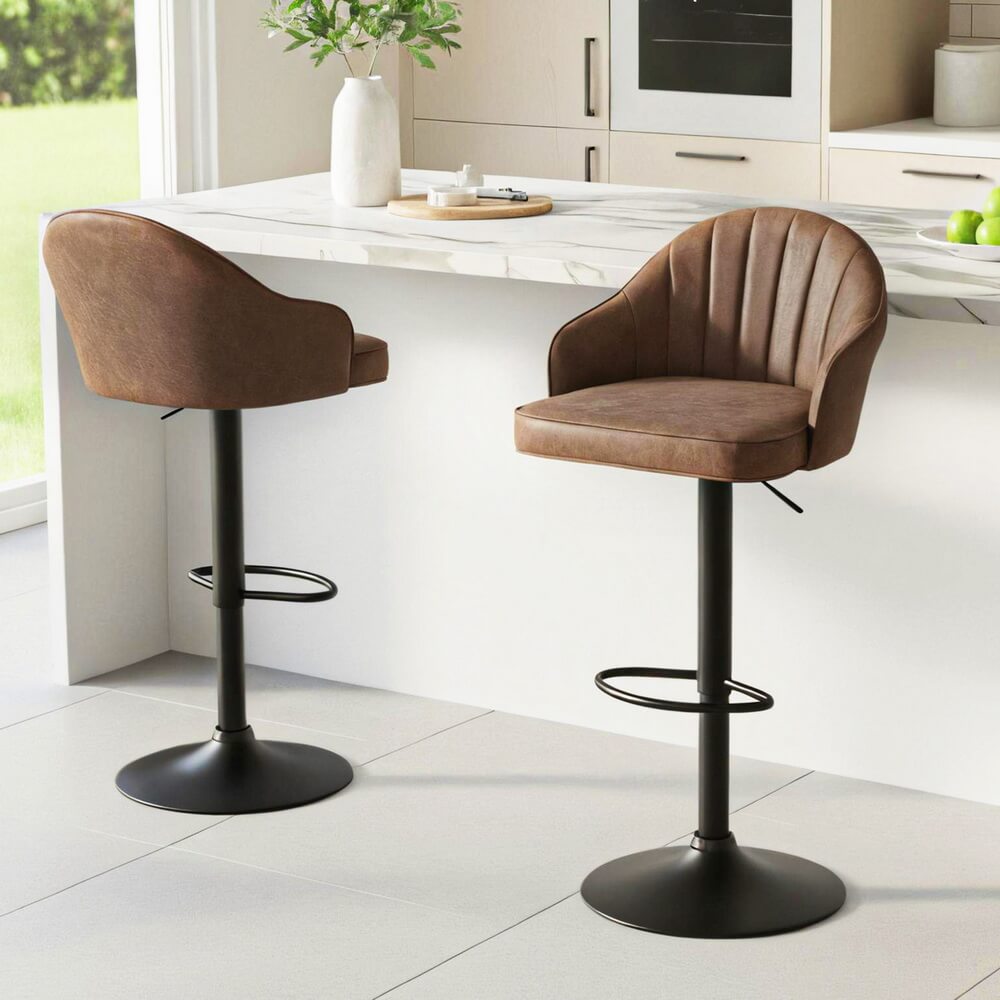 Lambert | Modern Metal Adjustable Brown Grey PU Leather Bar Stools | Set Of 2 | Brown