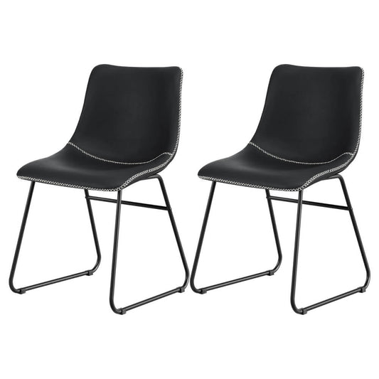 Langholm | Modern Metal PU Leather Cross Stitch Grey Brown Black Dining Chairs | Set Of 2 | Black