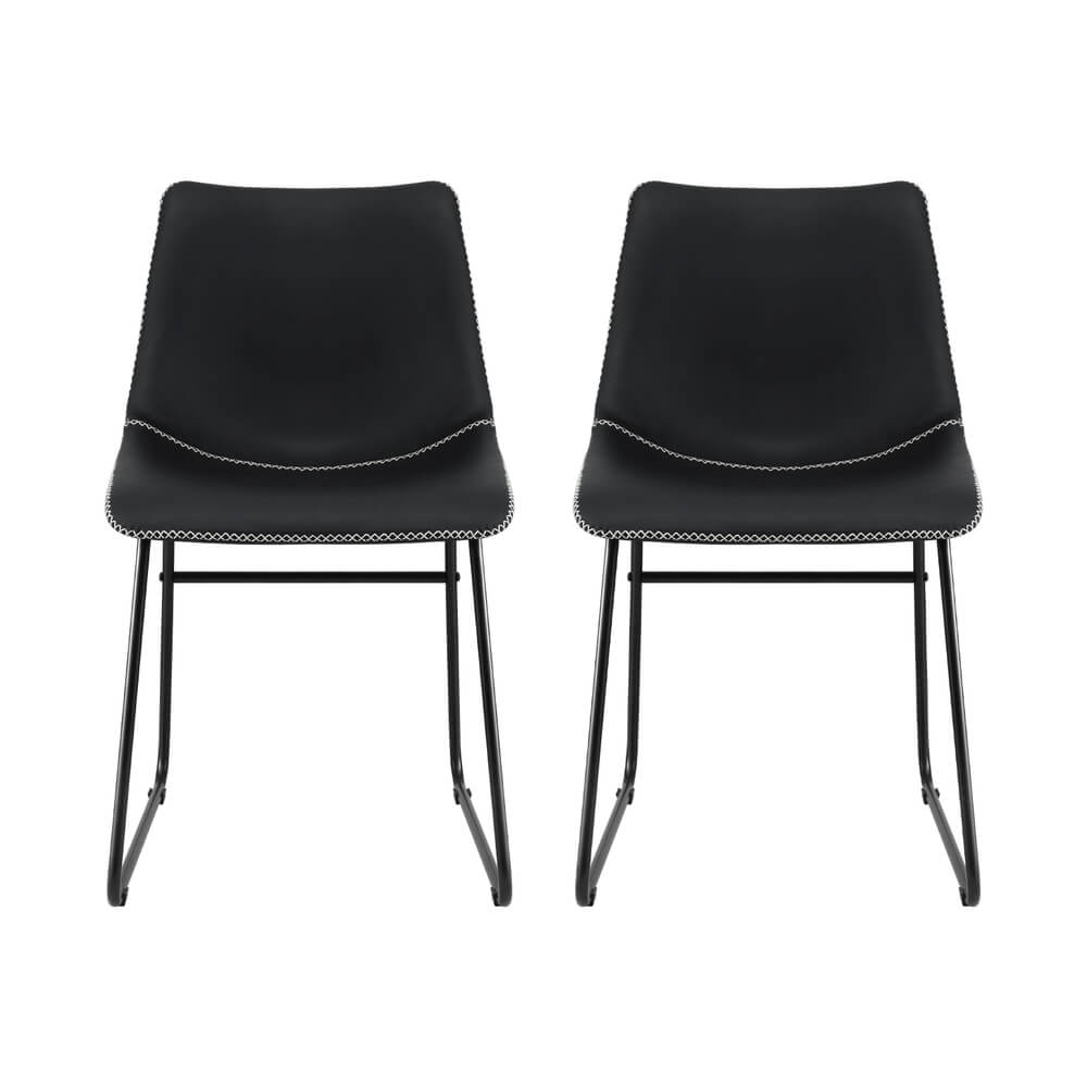 Langholm | Modern Metal PU Leather Cross Stitch Grey Brown Black Dining Chairs | Set Of 2 | Black