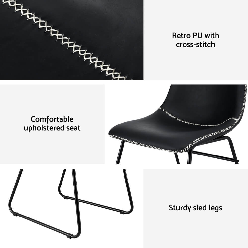 Langholm | Modern Metal PU Leather Cross Stitch Grey Brown Black Dining Chairs | Set Of 2 | Black