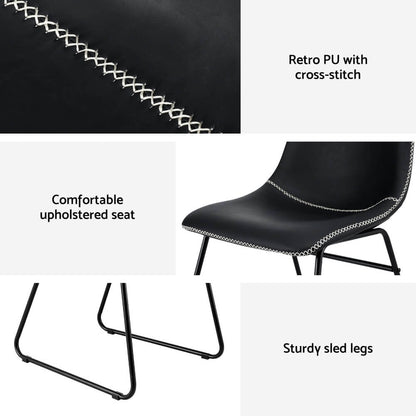 Langholm | Modern Metal PU Leather Cross Stitch Grey Brown Black Dining Chairs | Set Of 2 | Black