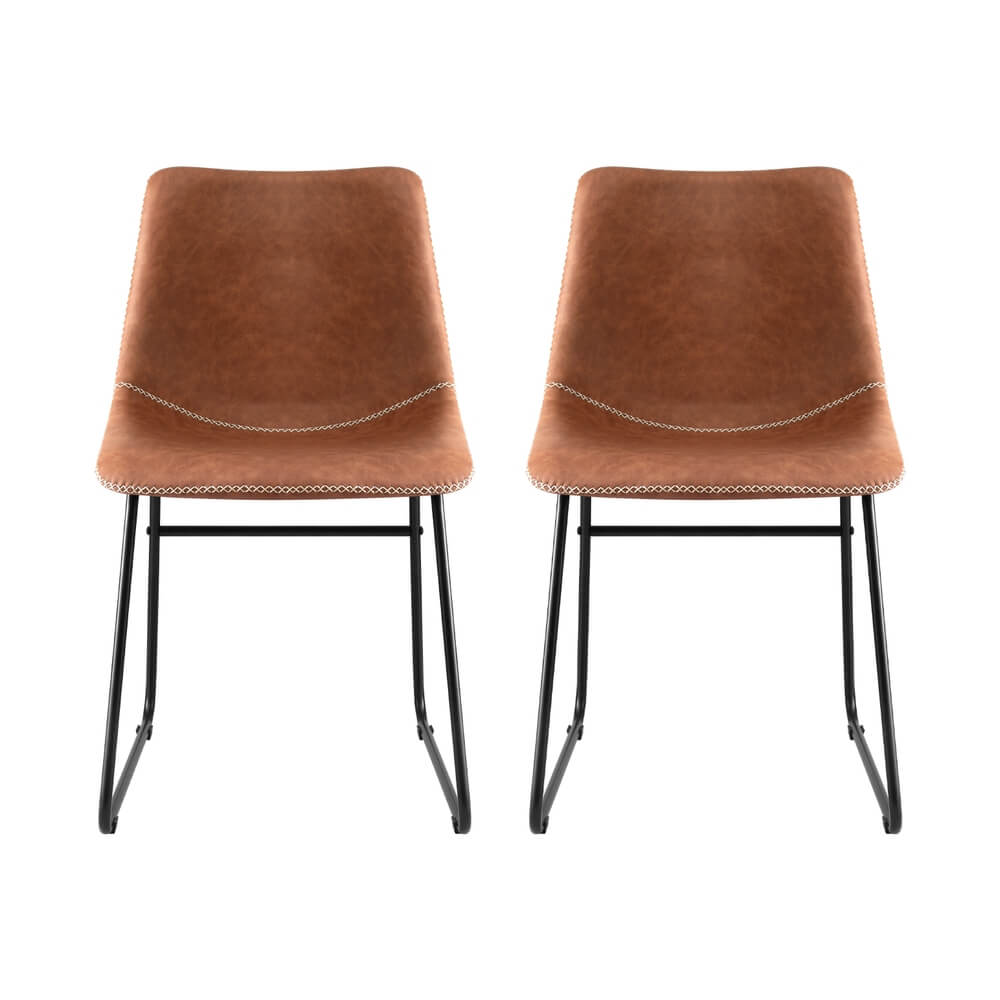 Langholm | Modern Metal PU Leather Cross Stitch Grey Brown Black Dining Chairs | Set Of 2 | Brown