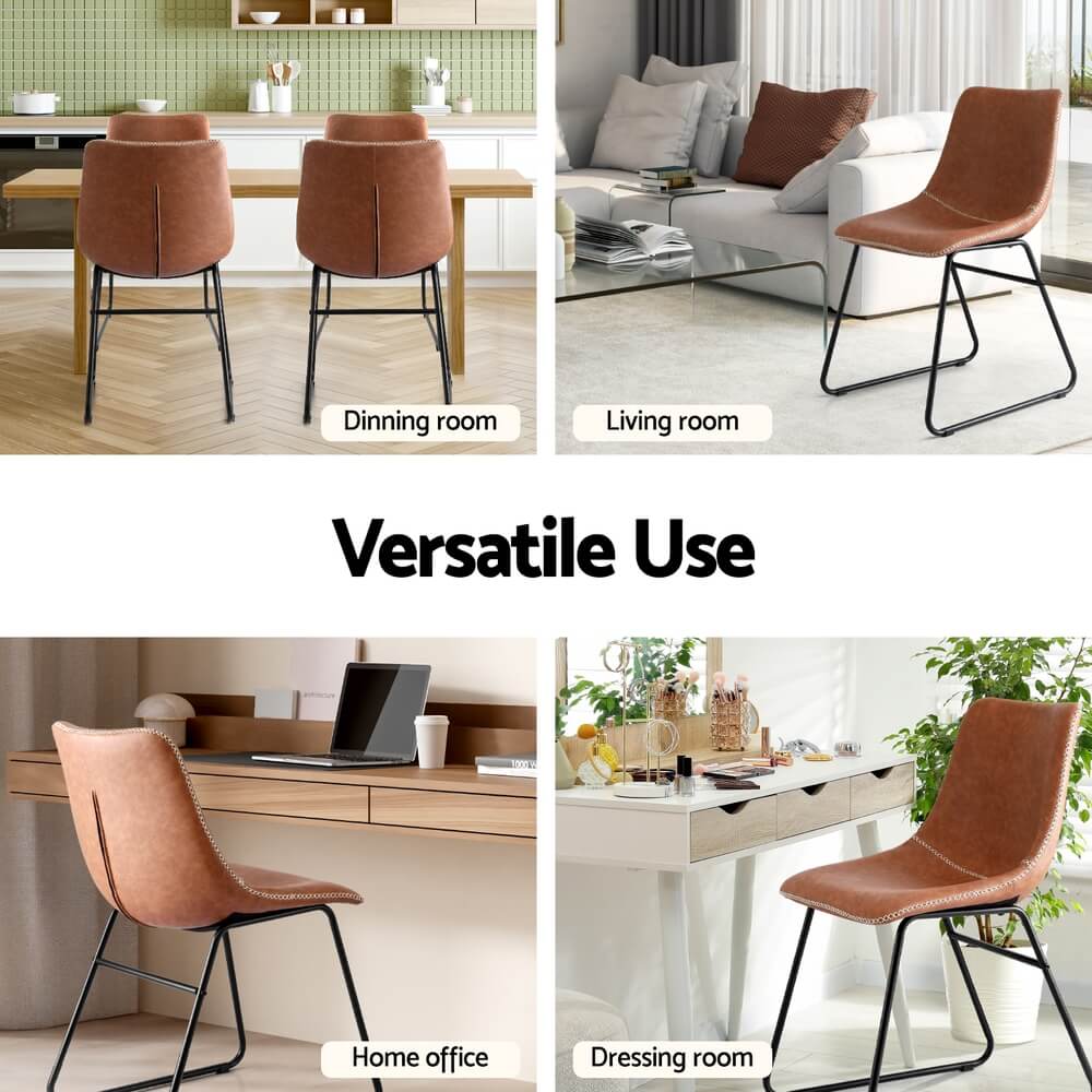 Langholm | Modern Metal PU Leather Cross Stitch Grey Brown Black Dining Chairs | Set Of 2 | Brown