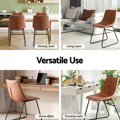 Langholm | Modern Metal PU Leather Cross Stitch Grey Brown Black Dining Chairs | Set Of 2 | Brown