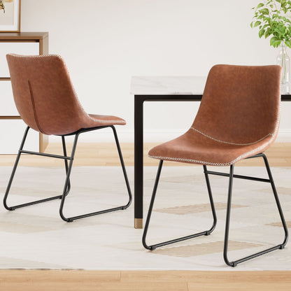 Langholm | Modern Metal PU Leather Cross Stitch Grey Brown Black Dining Chairs | Set Of 2 | Brown