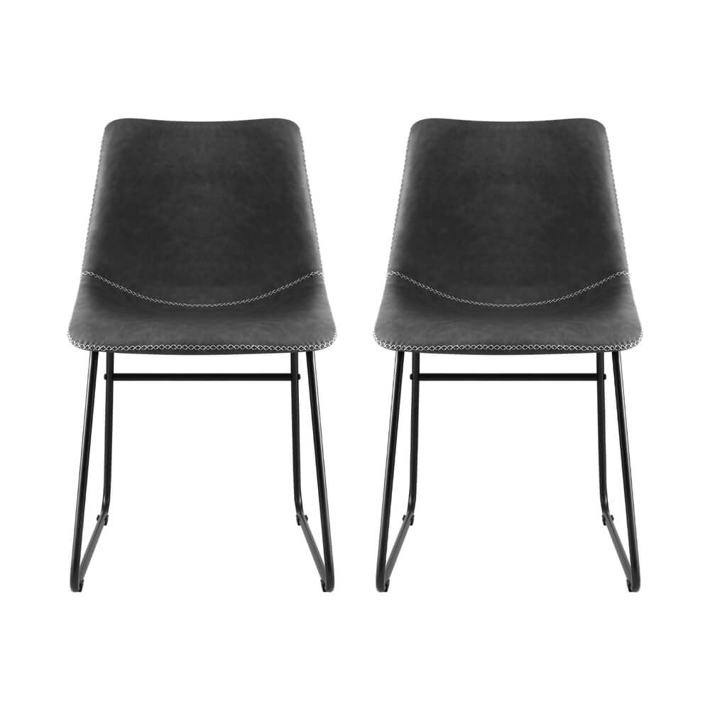 Langholm | Modern Metal PU Leather Cross Stitch Grey Brown Black Dining Chairs | Set Of 2 | Grey
