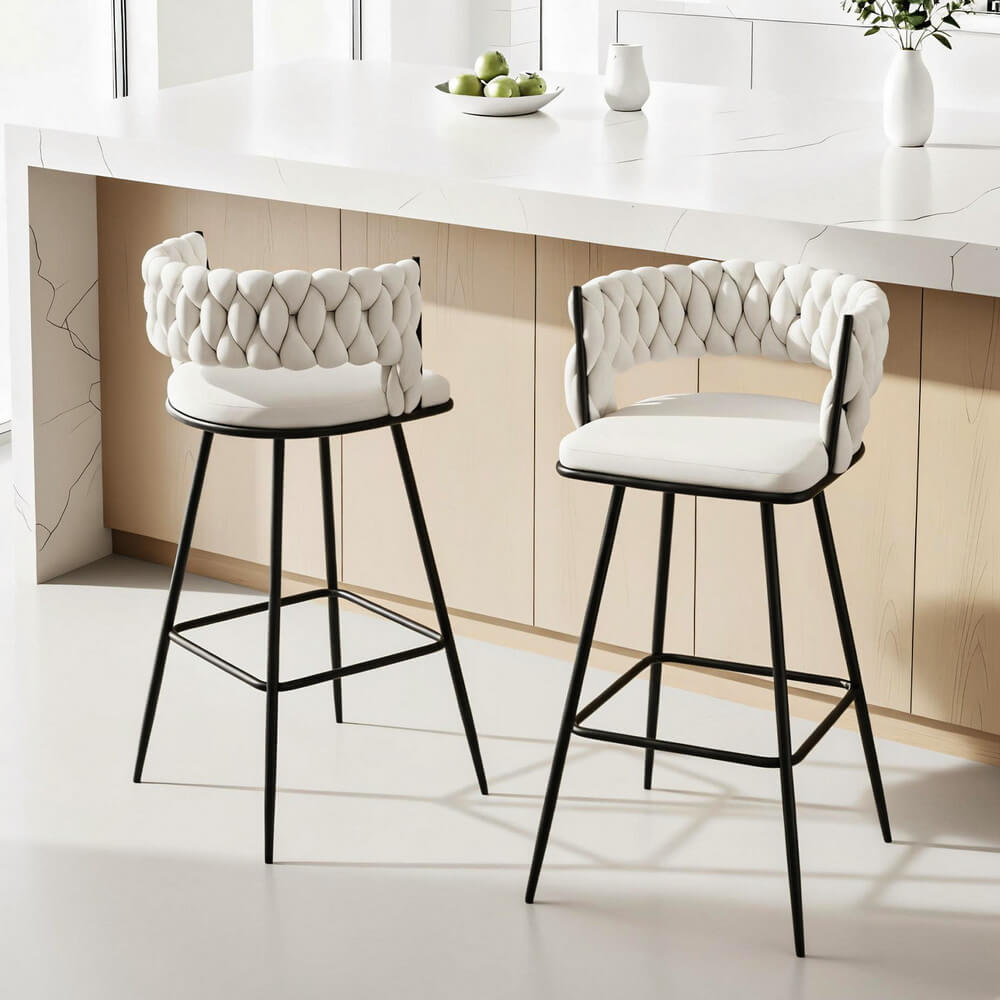 Lentara | Modern Metal Ivory Velvet Counter Bar Stools | Set Of 2 | Ivory
