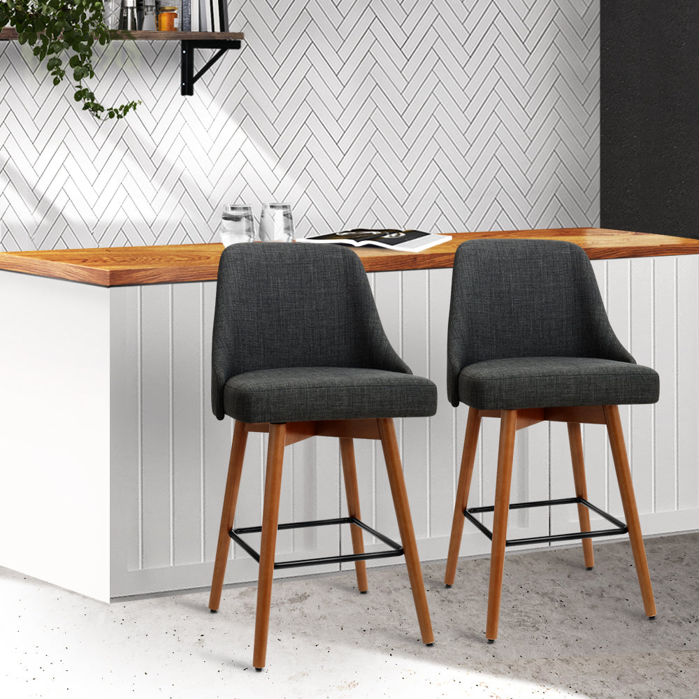 Lucca | Modern 65cm Swivel Grey Fabric Wooden Bar Stools | Set Of 2