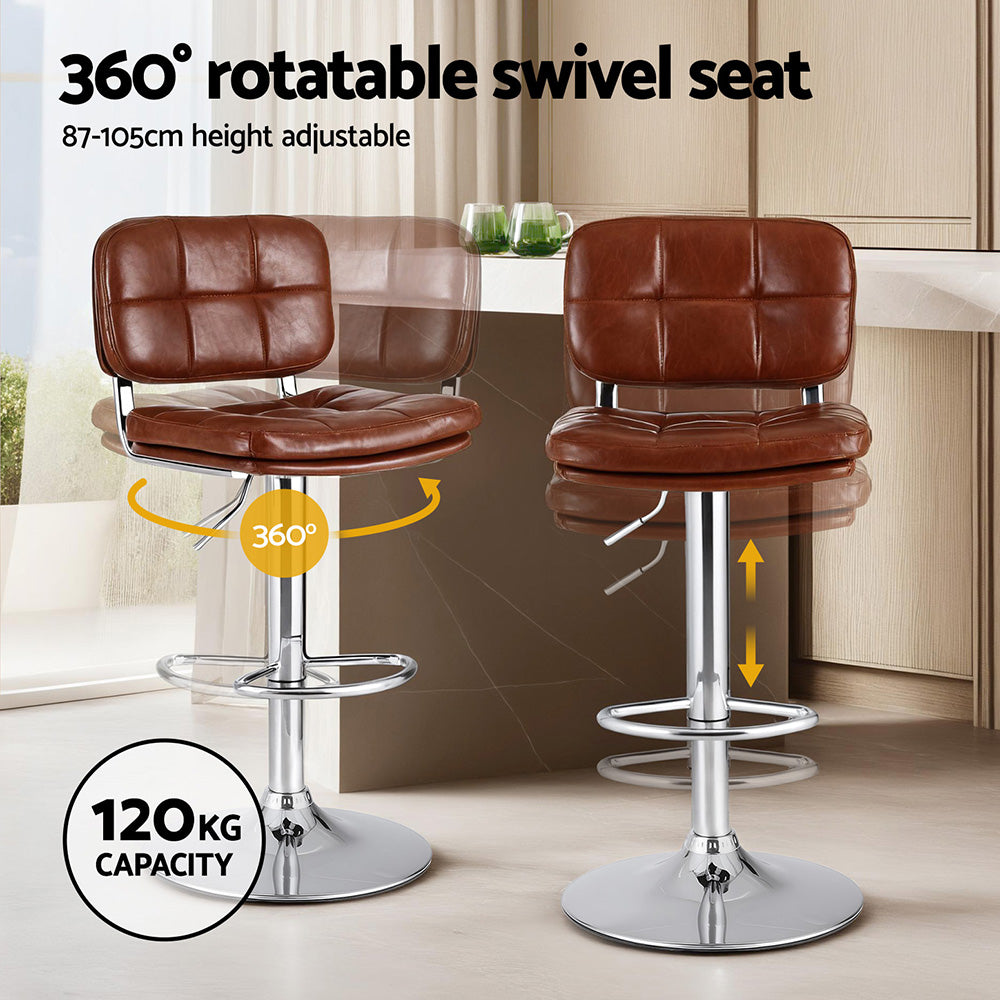 MacLaine | Modern Adjustable Brown PU Leather Bar Stools | Set Of 2 | Brown