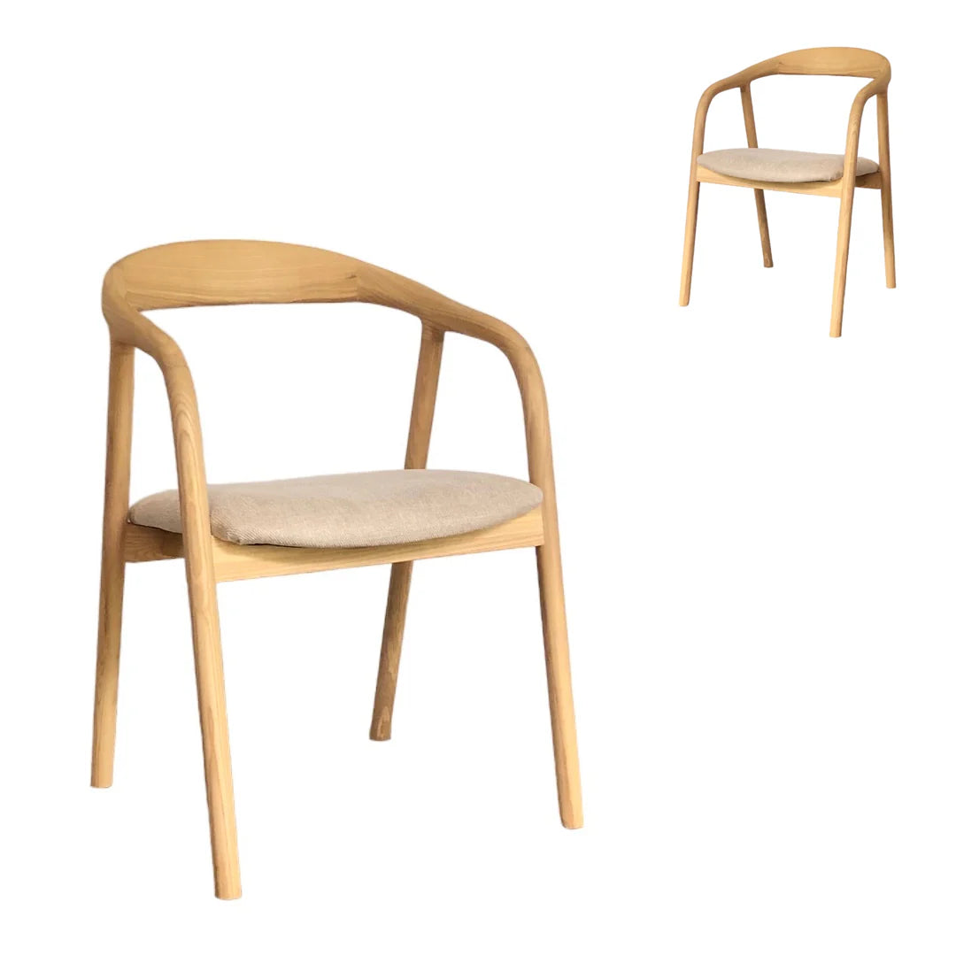 Maine Coastal Scandinavian Style Beige Fabric Wooden Dining Chairs With Arms | Beige