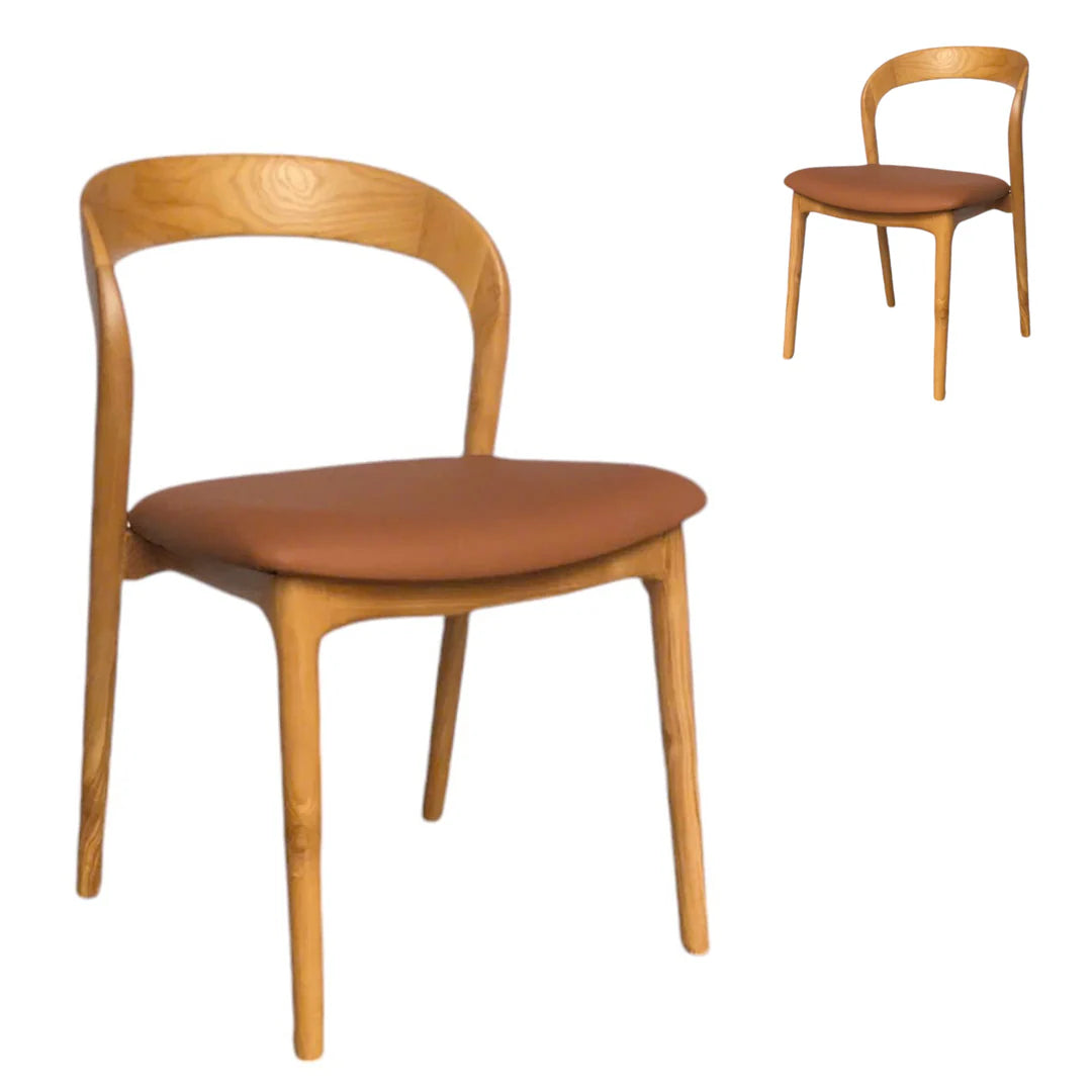 Maine Coastal Scandinavian Style Tan PU Leather Natural Wooden Dining Chairs | Tan