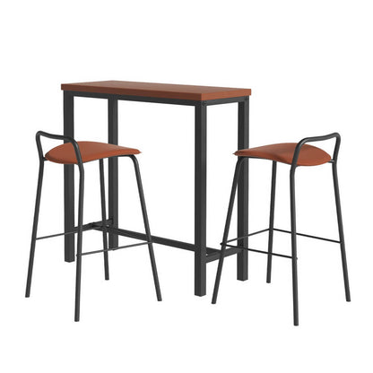 Mansfield Kew | Industrial Brown PU Leather Wooden Rectangular Wooden Bar Stool Table Set | Brown