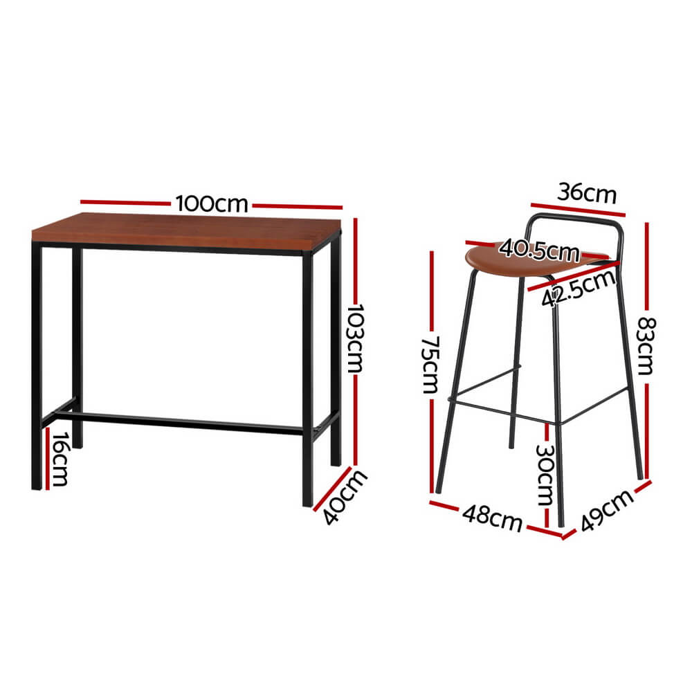 Mansfield Kew | Industrial Brown PU Leather Wooden Rectangular Wooden Bar Stool Table Set | Brown