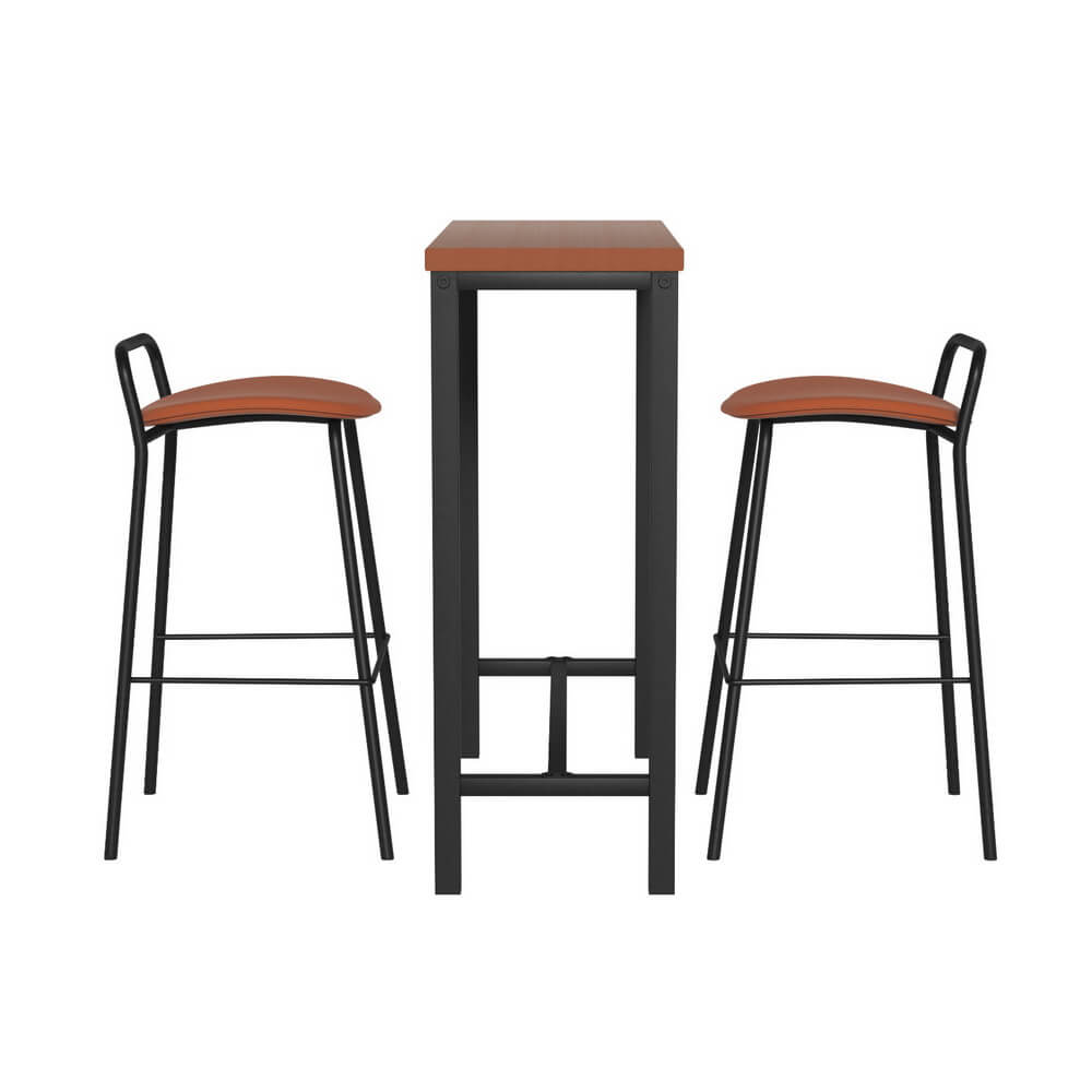 Mansfield Kew | Industrial Brown PU Leather Wooden Rectangular Wooden Bar Stool Table Set | Brown