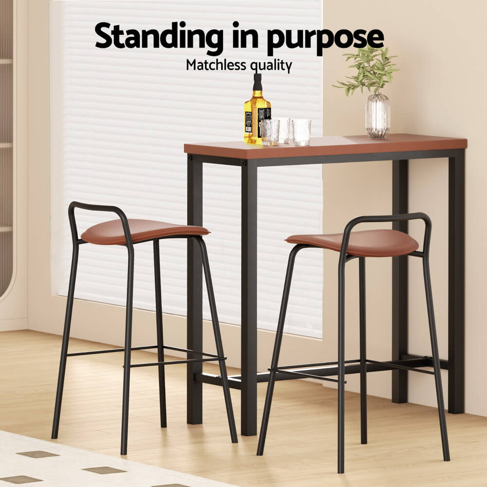 Mansfield Kew | Industrial Brown PU Leather Wooden Rectangular Wooden Bar Stool Table Set | Brown