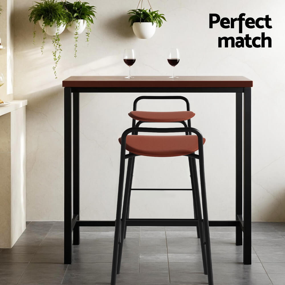Mansfield Kew | Industrial Brown PU Leather Wooden Rectangular Wooden Bar Stool Table Set | Brown