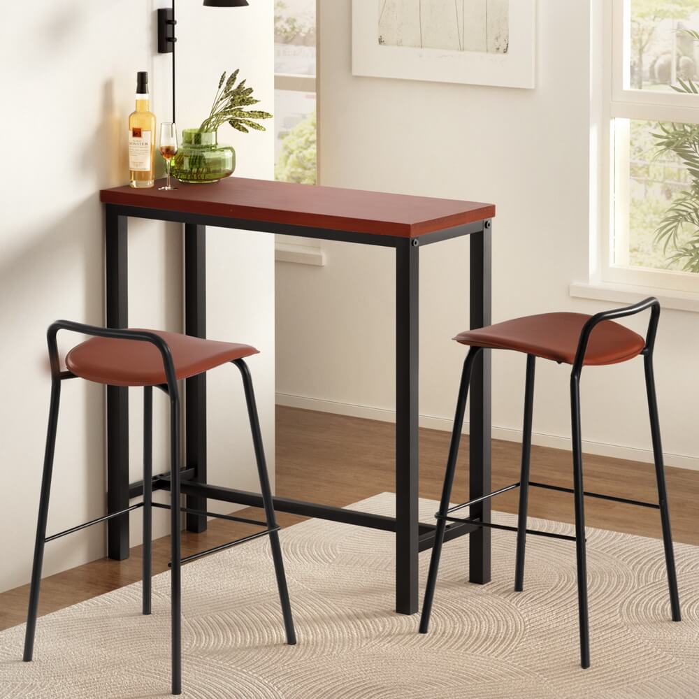 Mansfield Kew | Industrial Brown PU Leather Wooden Rectangular Wooden Bar Stool Table Set | Brown