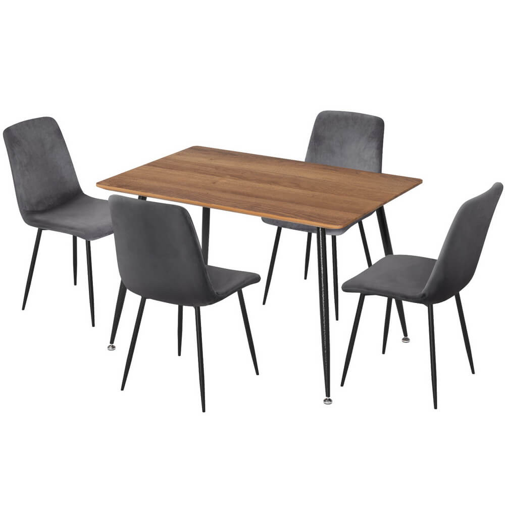 Marion Fallon | Modern Dark Grey Velvet Industrial Natural 4 Seater Dining Table Set | Dark Grey