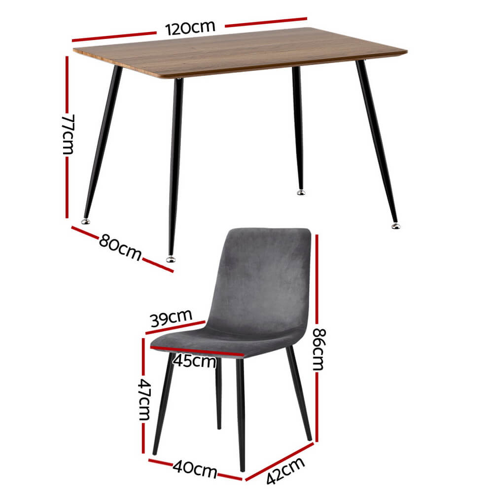 Marion Fallon | Modern Dark Grey Velvet Industrial Natural 4 Seater Dining Table Set | Dark Grey