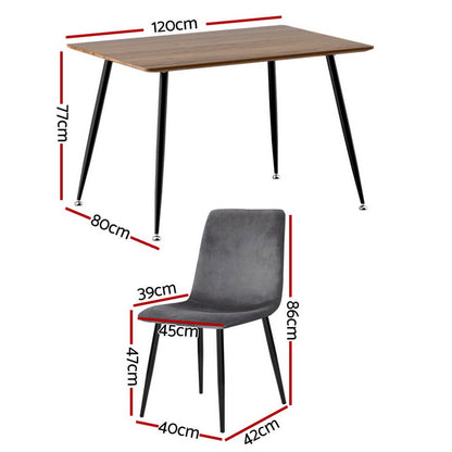 Marion Fallon | Modern Dark Grey Velvet Industrial Natural 4 Seater Dining Table Set | Dark Grey