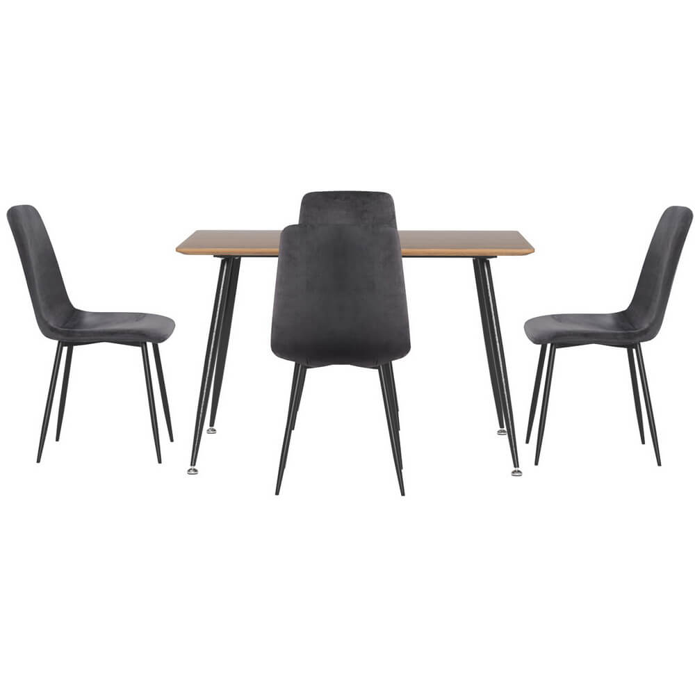 Marion Fallon | Modern Dark Grey Velvet Industrial Natural 4 Seater Dining Table Set | Dark Grey