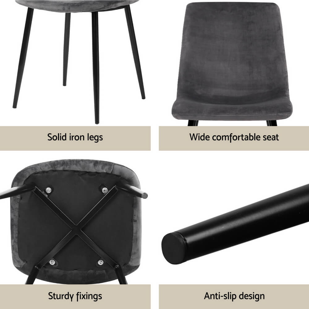 Marion Fallon | Modern Dark Grey Velvet Industrial Natural 4 Seater Dining Table Set | Dark Grey